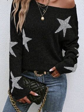 Black Star Knit Sweater Off Shoulder Cozy Pullover Chic Casual Top XS